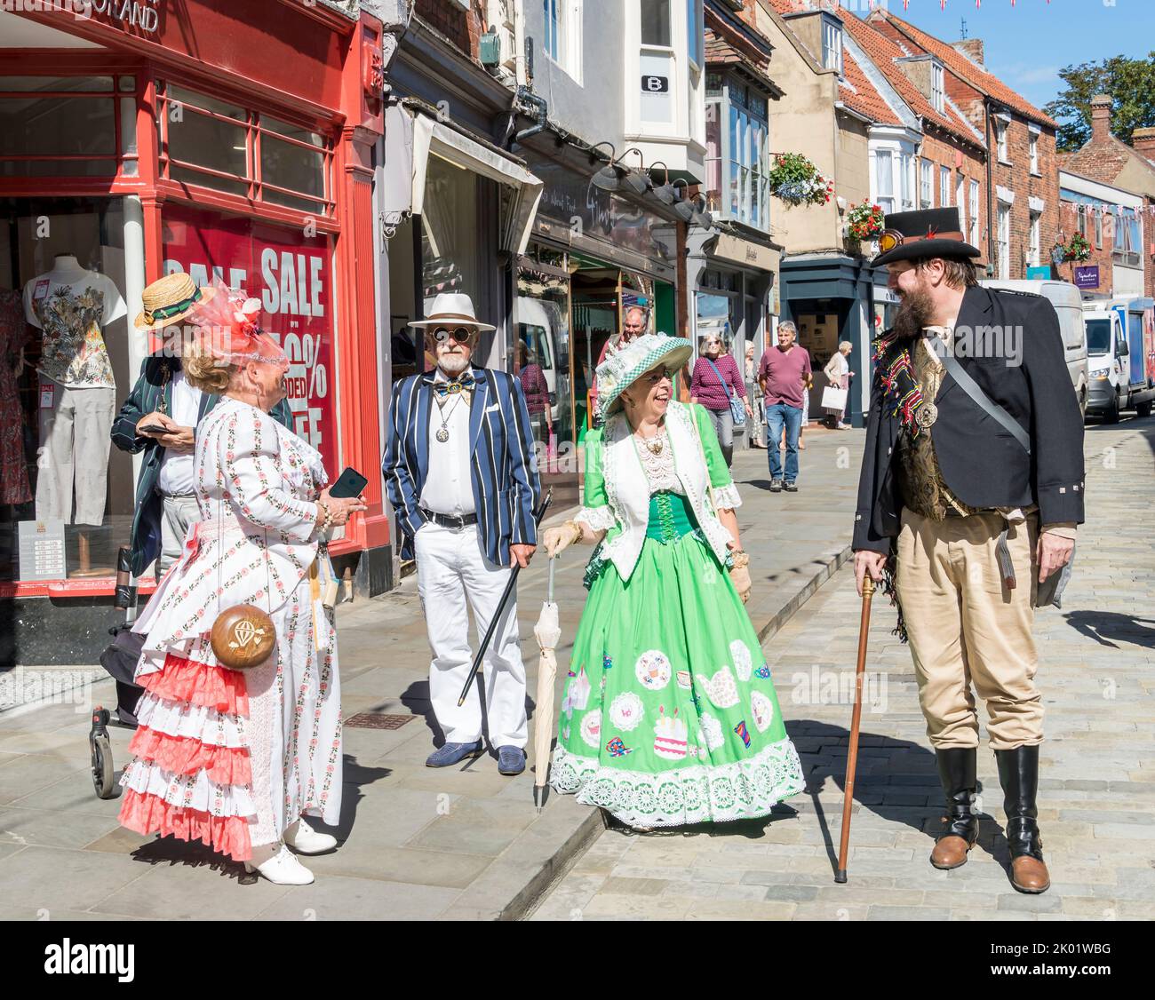 Four people dressed for the Lincoln Steampunk Festival, Bailgate Lincoln 2022 Stock Photo
