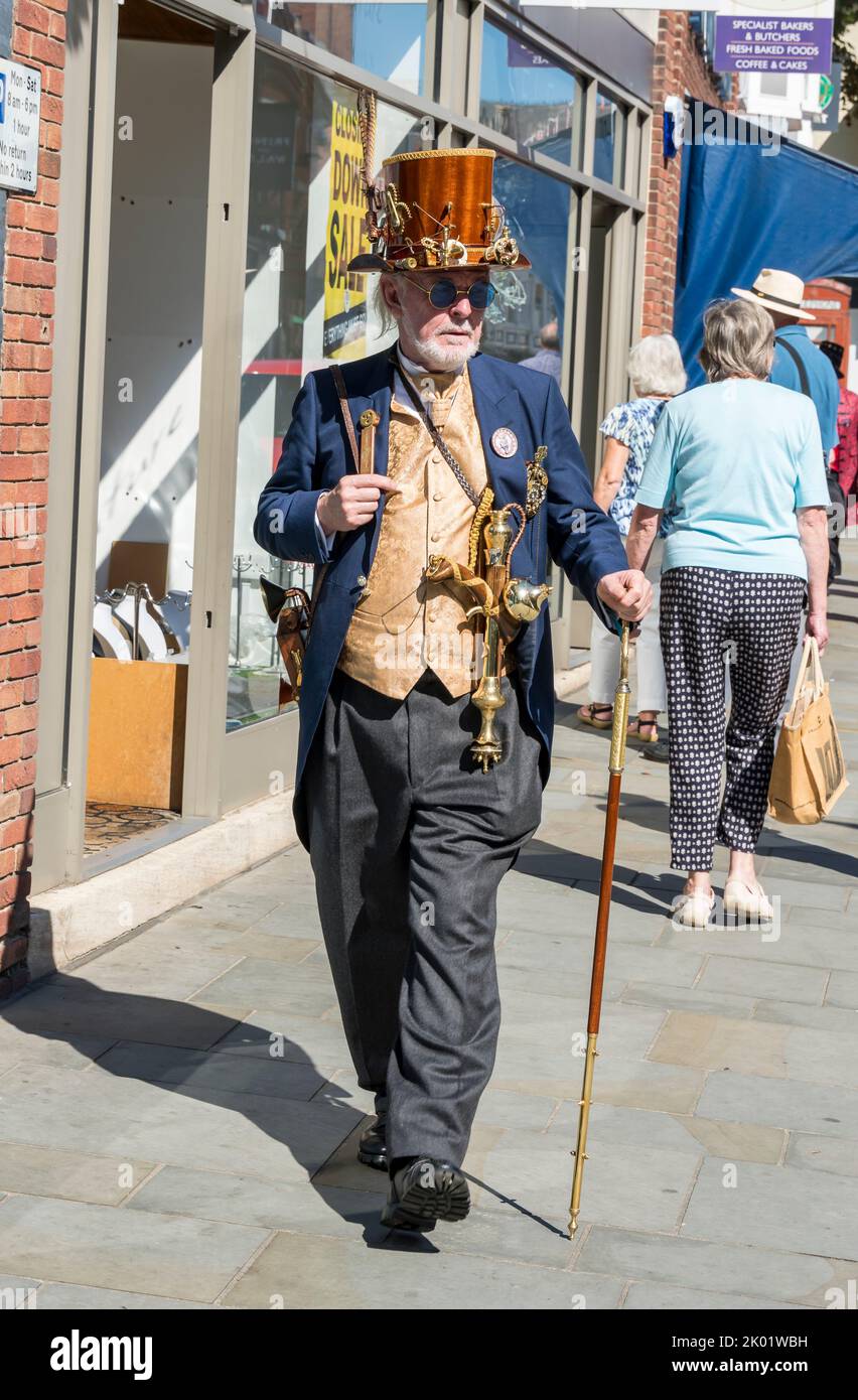 Gentleman wearing wooden top hat for Lincoln Steampunk Festival, Bailgate Lincoln 2022 Stock Photo