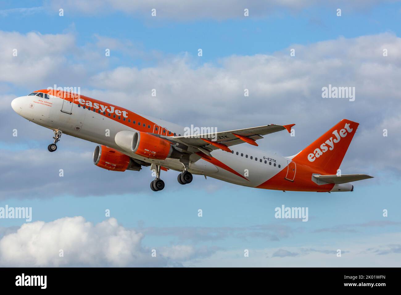 An Easyjet Airbus A320-200 Airliner, serial number G-EZTK, taking off from Bristol Lulsgate Airport in England. Stock Photo