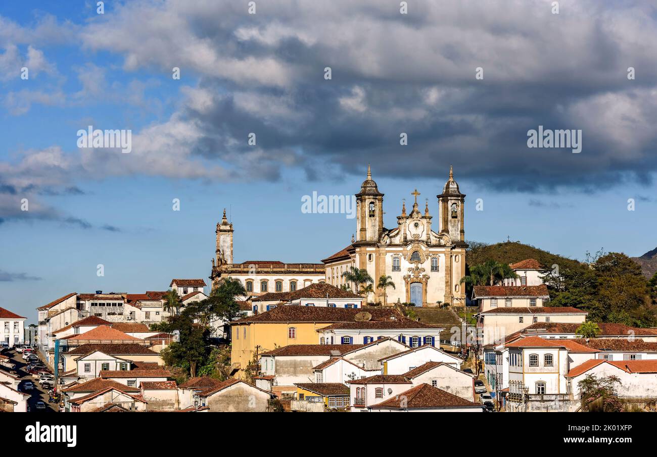 Famous baroque churches with their towers among old houses in the city3 of Ouro Preto in Minas Geais Stock Photo