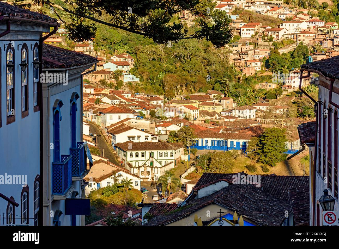 Ouro Preto city in Minas Gerais with its facades of old colonial houses during the late afternoon Stock Photo