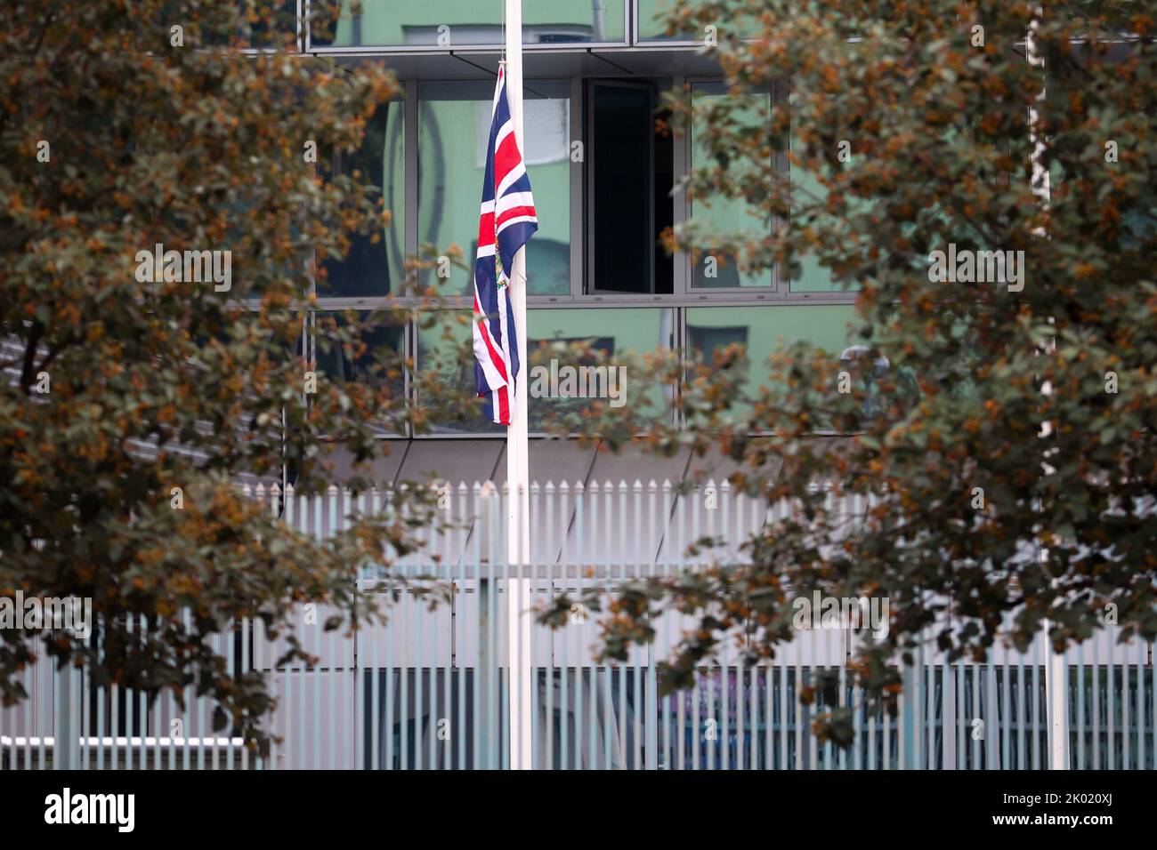 Flags at halfmast in front of the Great Britain embassy due to ten
