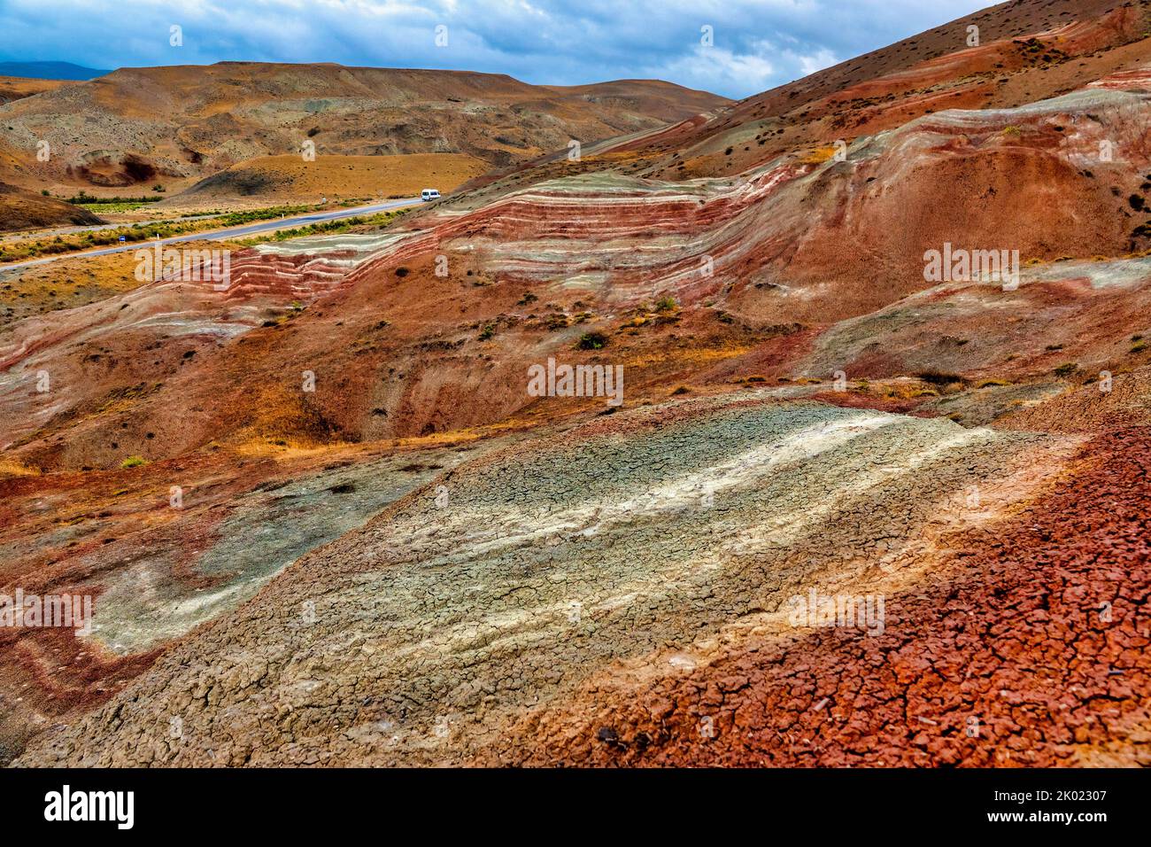 Candy Cane Mountains, Khizi District, Azerbaijan.  The mountains' colours are produced by groundwater that have altered the oxidation state of the iro Stock Photo