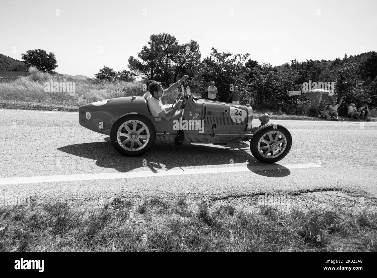 URBINO - ITALY - JUN 16 - 2022 : BUGATTI T37 1927 on an old racing car in rally Mille Mig Stock Photo