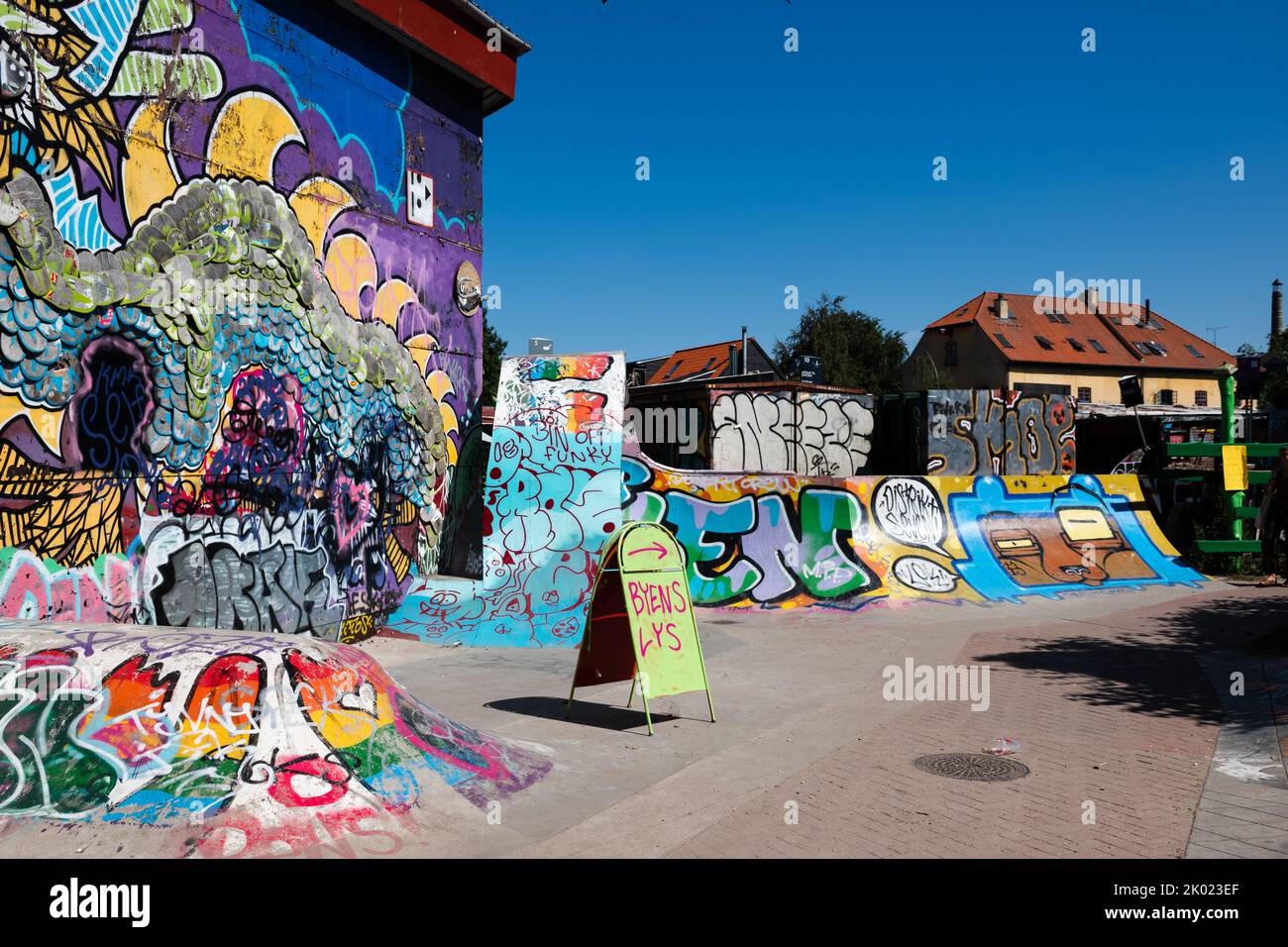 Copenhagen, Denmark. August 13, 2022. Graffiti art on the street in Freetown Christiania Stock Photo