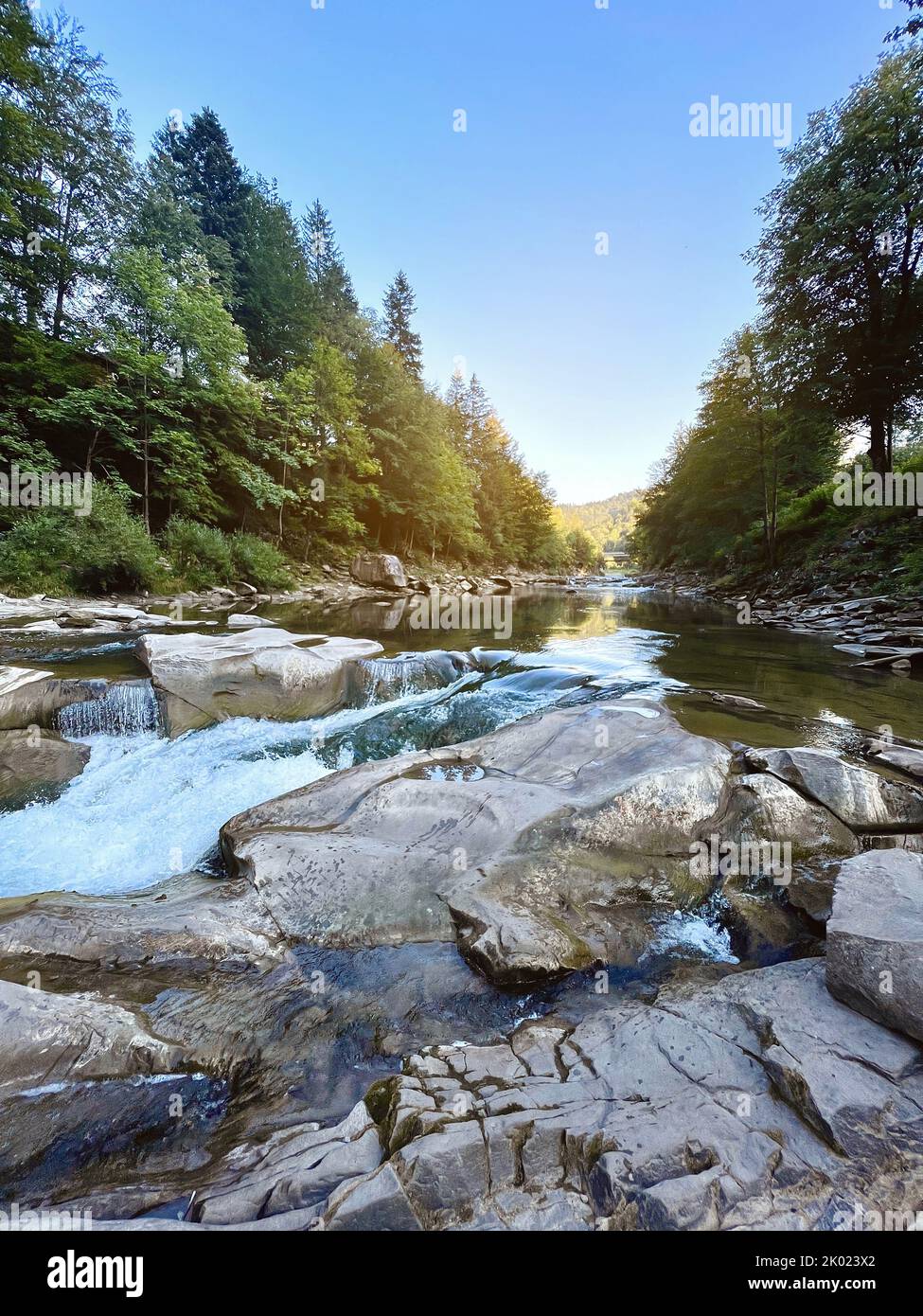 Waterfalls Probiy in Yaremche and mountain view river Prut. Carpathians, Ukraine Stock Photo