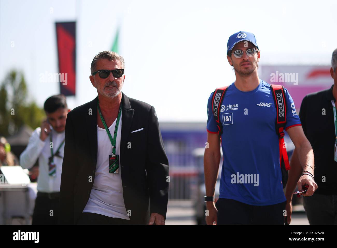 Antonio Giovinazzi with his manager Enrico Zanarini is the Ferrari reserve driver and former f1 driver with Alfa Romeo Sauber, drive for Haas F1 Team during the Italian GP, 8-11 September 2022 at Monza track, Formula 1 World championship 2022. Stock Photo