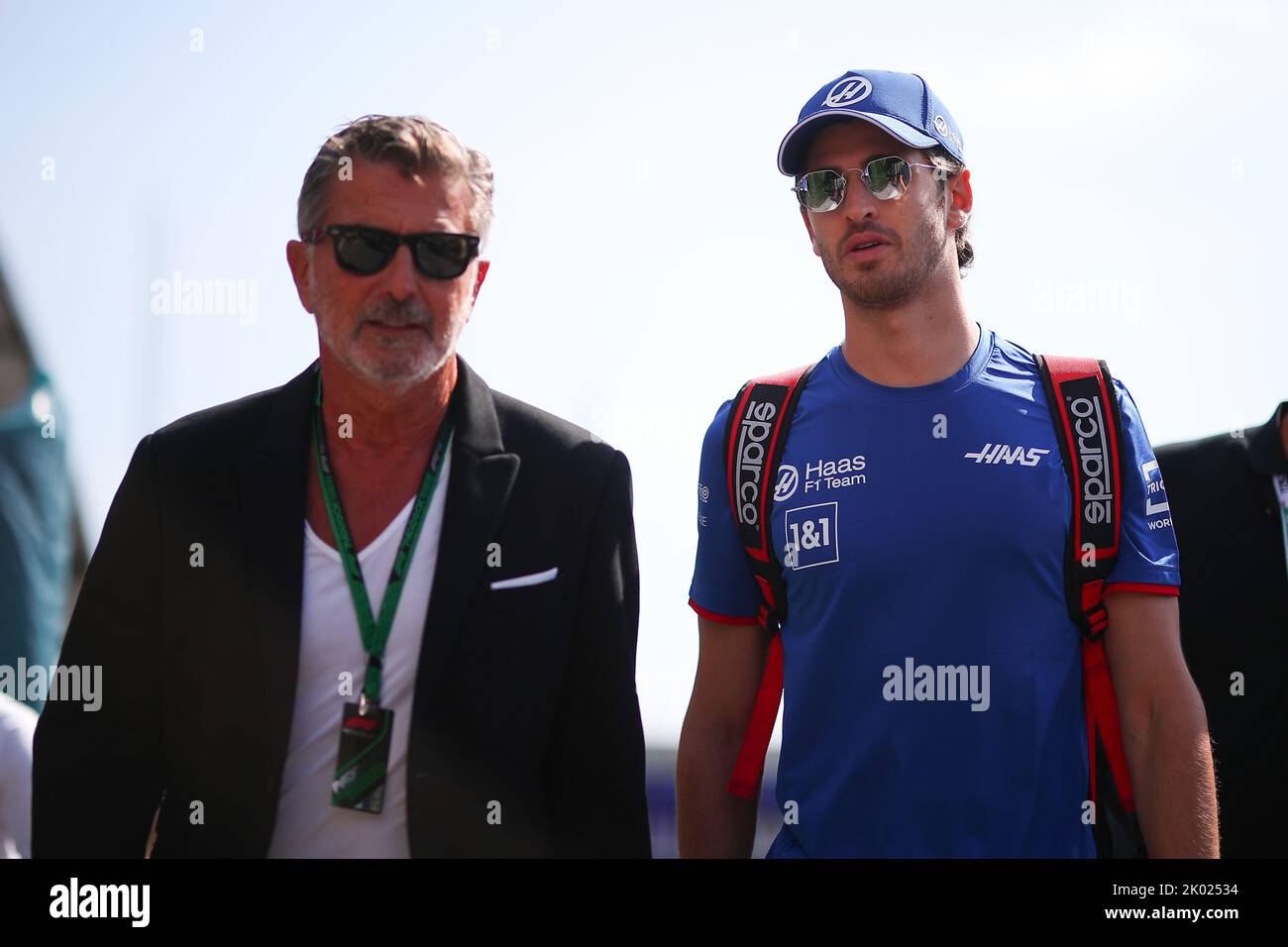 Antonio Giovinazzi with his manager Enrico Zanarini is the Ferrari reserve driver and former f1 driver with Alfa Romeo Sauber, drive for Haas F1 Team during the Italian GP, 8-11 September 2022 at Monza track, Formula 1 World championship 2022. Stock Photo