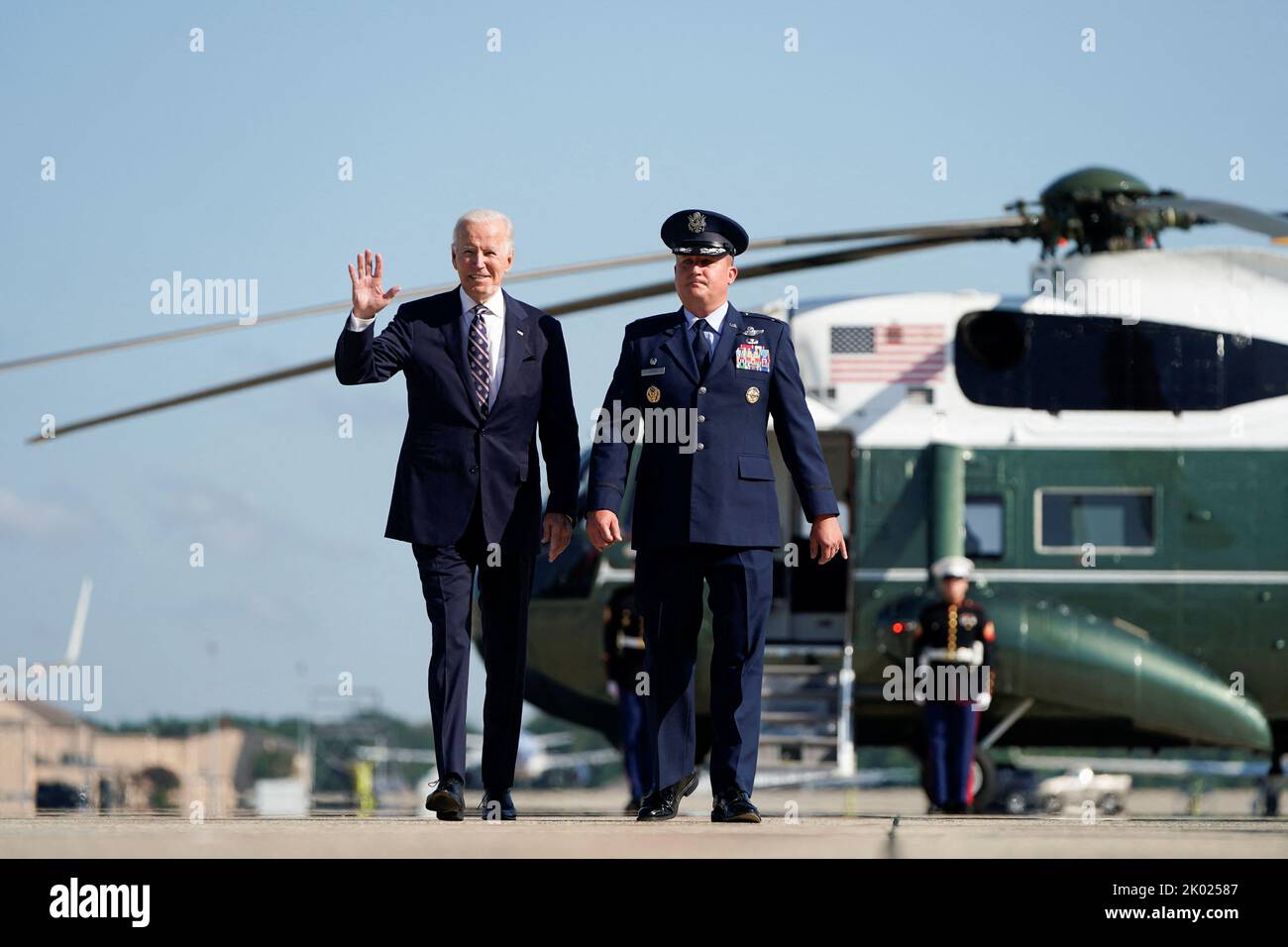 U.S. President Joe Biden waves as he walks to board Air Force One to travel to Columbus, Ohio, from Joint Base Andrews in Maryland, U.S. September 9, 2022. REUTERS/Joshua Roberts Stock Photo