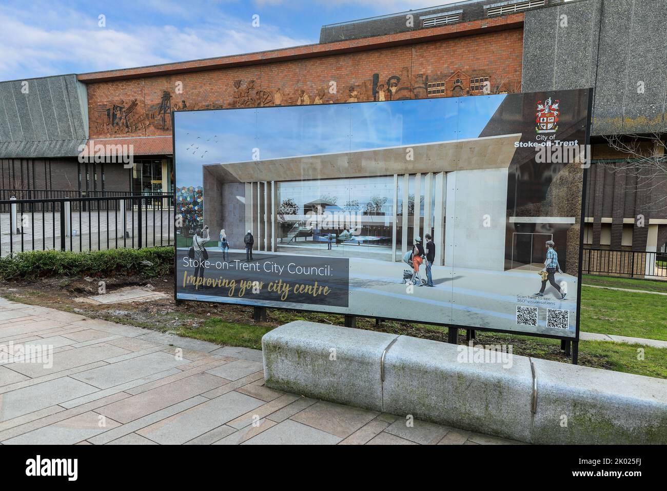 A sign saying 'Improving your city centre' outside the Potteries Museum and Art Gallery, Hanley, Stoke-on-Trent, Staffs, England, UK Stock Photo