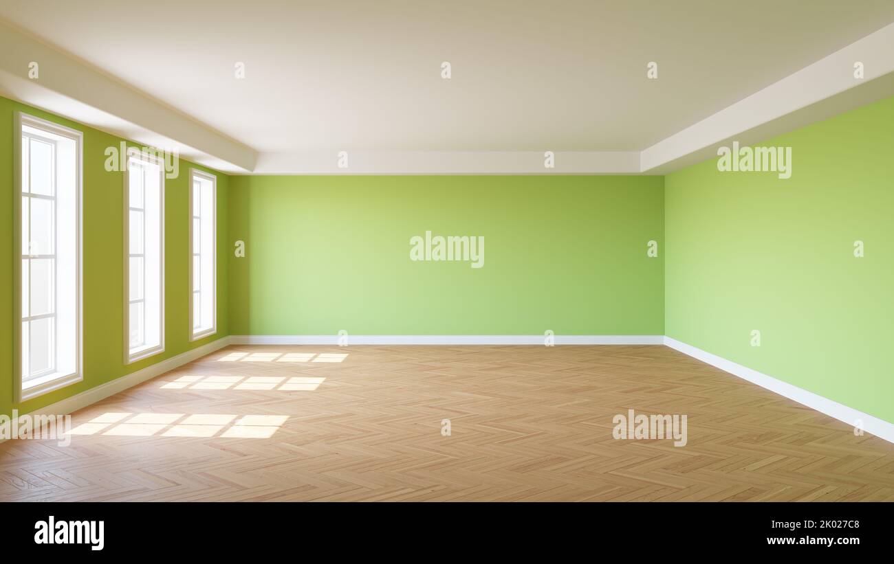 Sunny Room with Light Green Walls, Three Windows, White Ceiling Cornice