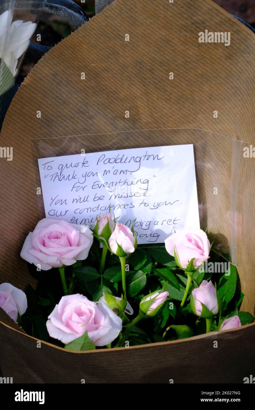 Highgrove, UK. 9th Sep, 2022. Flowers have been left outside the side gate of King Charles's country residence at Highgrove Gloucestershire. On bouquet references Her Majesty's Platinum Jubilee High Tea with Paddington Bear. Credit: JMF News/Alamy Live News Stock Photo