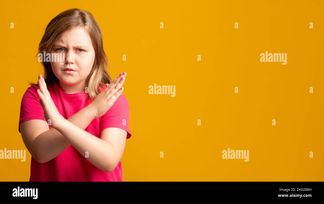 stop gesture child protest offer rejection girl Stock Photo