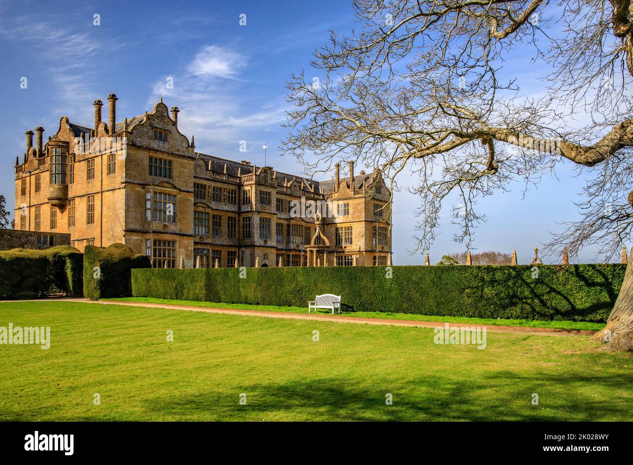 The Elizabethan architecture of the East Front of Montacute House, Somerset, England, UK Stock Photo