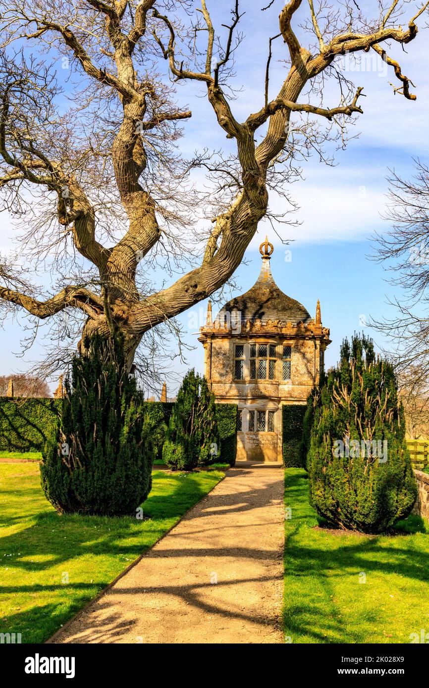 The twisted limbs of a sweet chestnut tree and a stone gazebo in the grounds of Montacute House, Somerset, England, UK Stock Photo