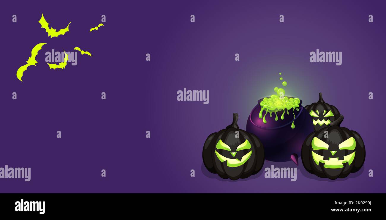 Halloween pumpkins and bats illustration with magic cauldron - Happy halloween design background banner theme Stock Photo