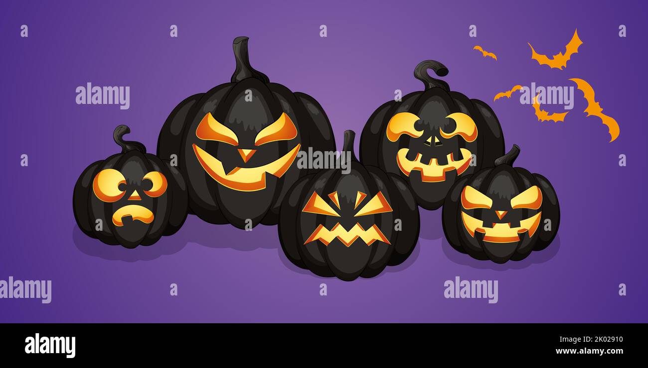Halloween pumpkins and bats illustration on a purple background- Happy halloween design element banner Stock Photo