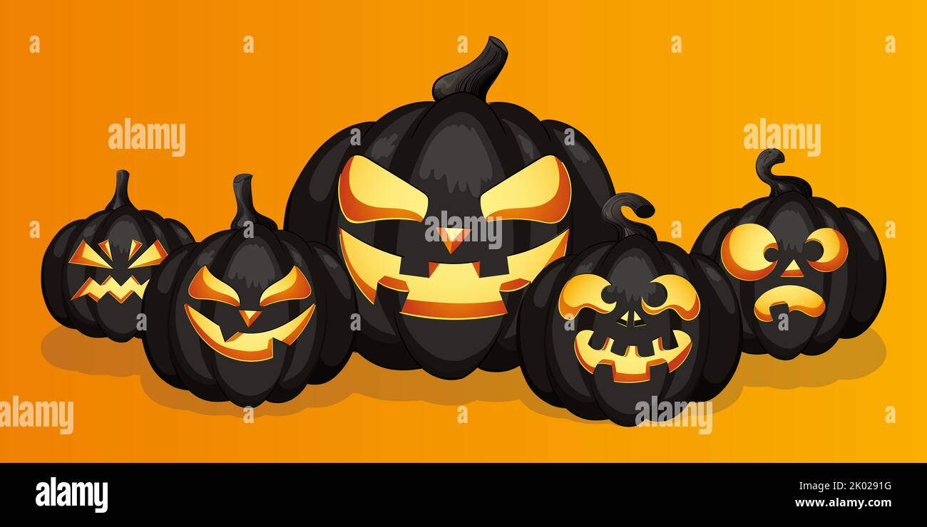 Halloween pumpkins and bats illustration on an orange background- Happy halloween design element banner Stock Photo