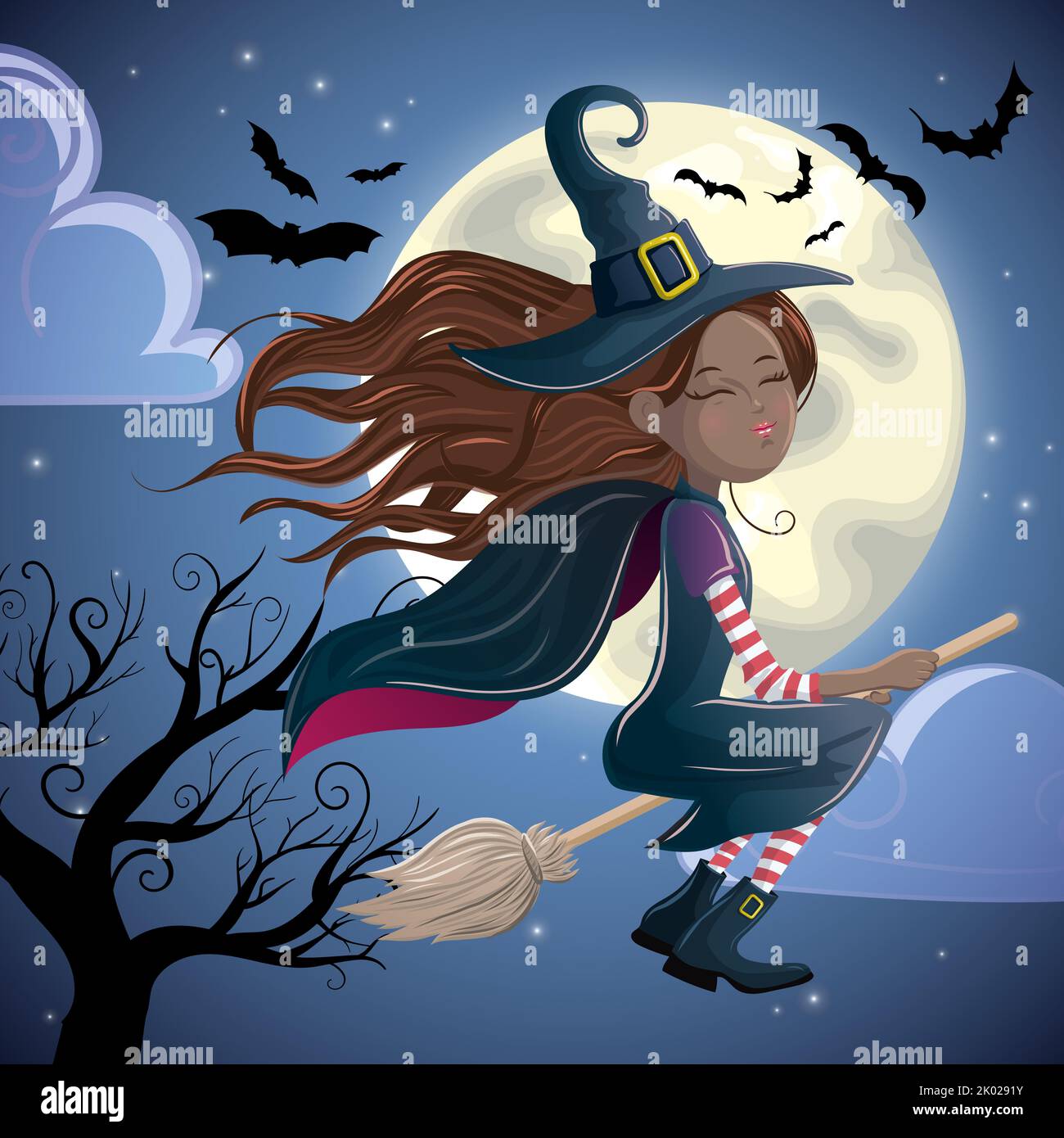 Cute witch on a broom cartoon illustration - Halloween theme isolated Stock Photo