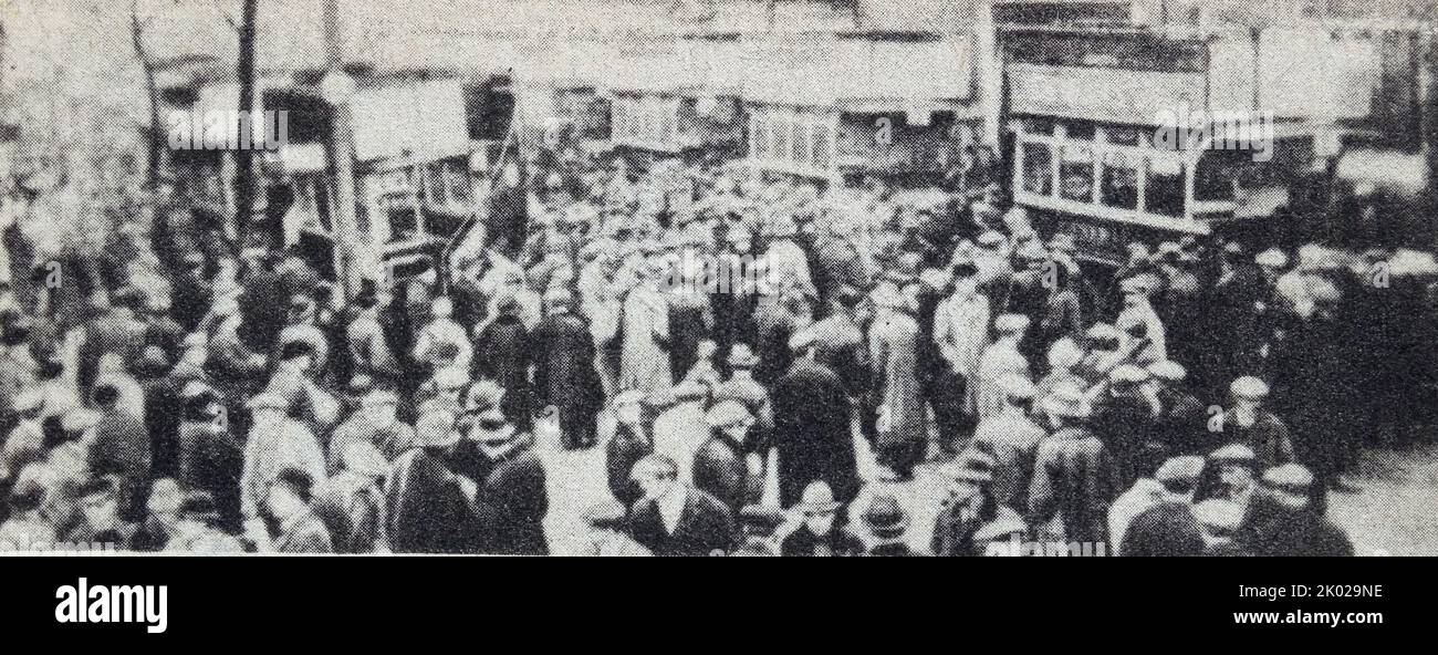 General strike. England, 1926, in the United Kingdom, lasted nine days, from 4 to 12 May 1926. It was called by the General Council of the Trades Union Congress (TUC) in an unsuccessful attempt to force the British government to act to prevent wage reductions and worsening conditions for 1.2 million locked-out coal miners. Stock Photo