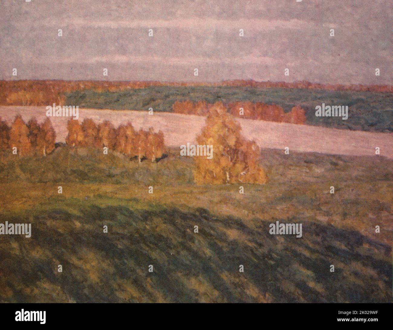 Autumn, sunny day. Oil. 1979. By Efrem Ivanovich Zverkov (1921-2012), Russian artist Stock Photo