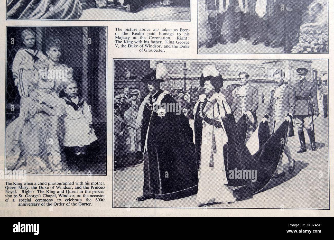 King George VI and brothers with their mother Queen Mary as boy child and walking with Queen Elizabeth (Queen mother) in a procession to celebrate the 600th anniversary of the Order of the Garter in 1948 at St George's chapel Windsor newspaper photo clipping England UK Great Britain Stock Photo