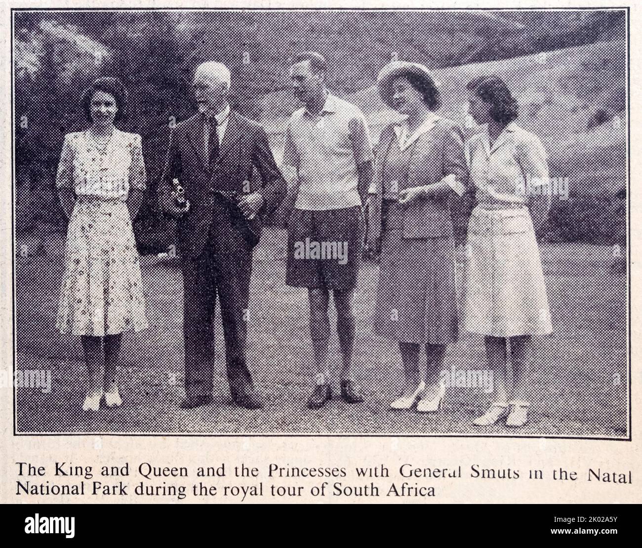 King George VI princesses father and Queen Mother, Princess Elizabeth, Princess Margaret, General Smuts on 1947 royal tour of South Africa February 1952 newspaper archival photo clipping cutting London England UK Stock Photo