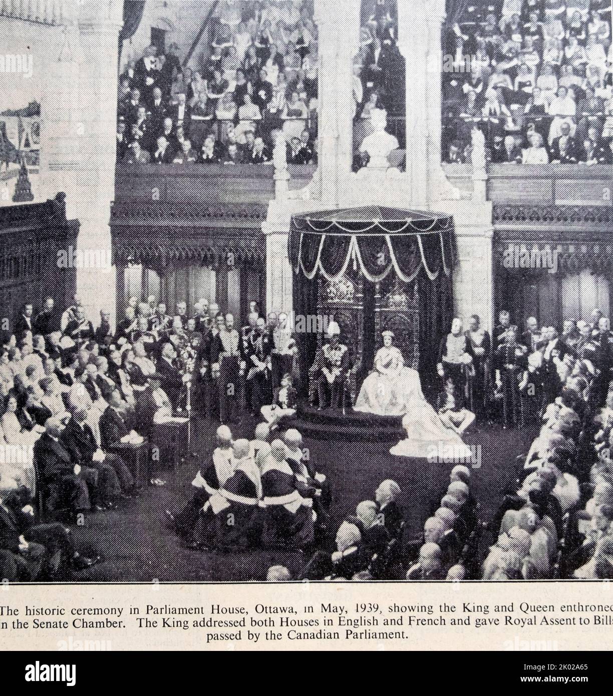 King George VI and Queen Elizabeth in May 1939 Senate  Chamber Canadian Parliament House Ottawa Canada in The Times newspaper London UK. The King addressed both houses in English and French and gave Royal assent passed by the Canadian Parliament. Stock Photo