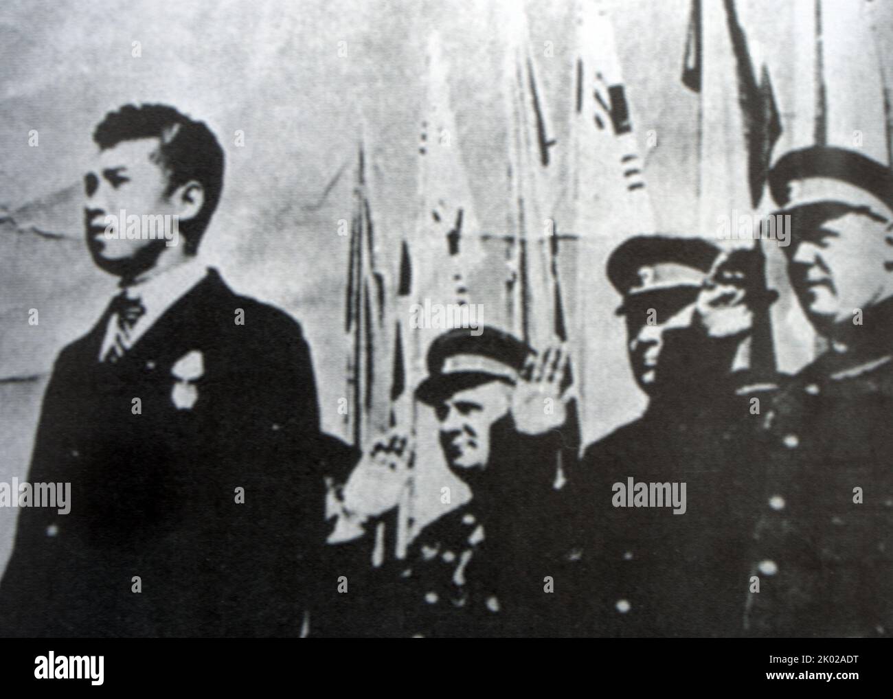Kim Il Sung at a rally to mark the liberation of Korea. Behind are Soviet generals. October 14, 1945. Stock Photo