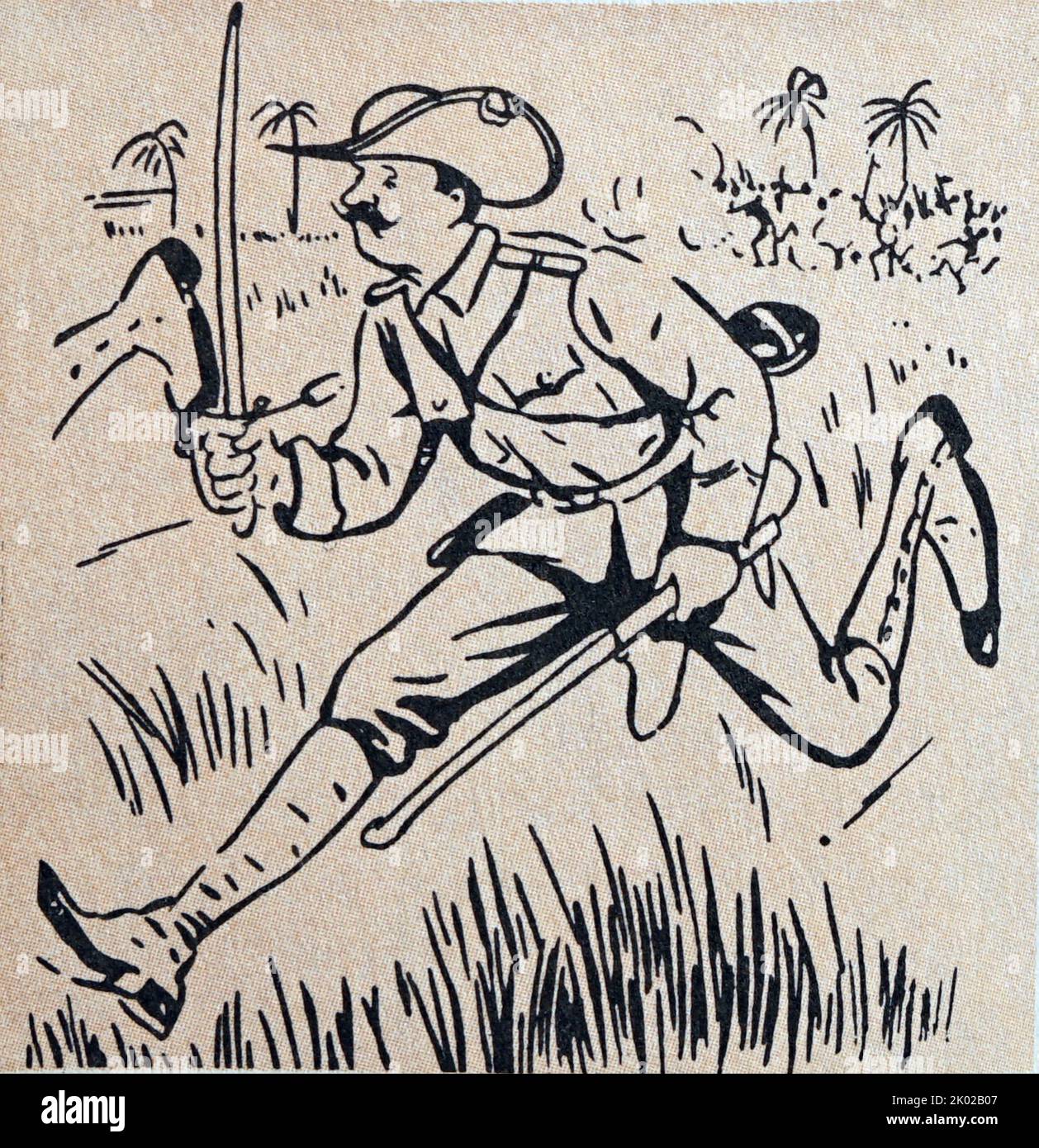 German Kaiser, Wilhelm II flees African rebels. Caricature. 1900 Stock Photo
