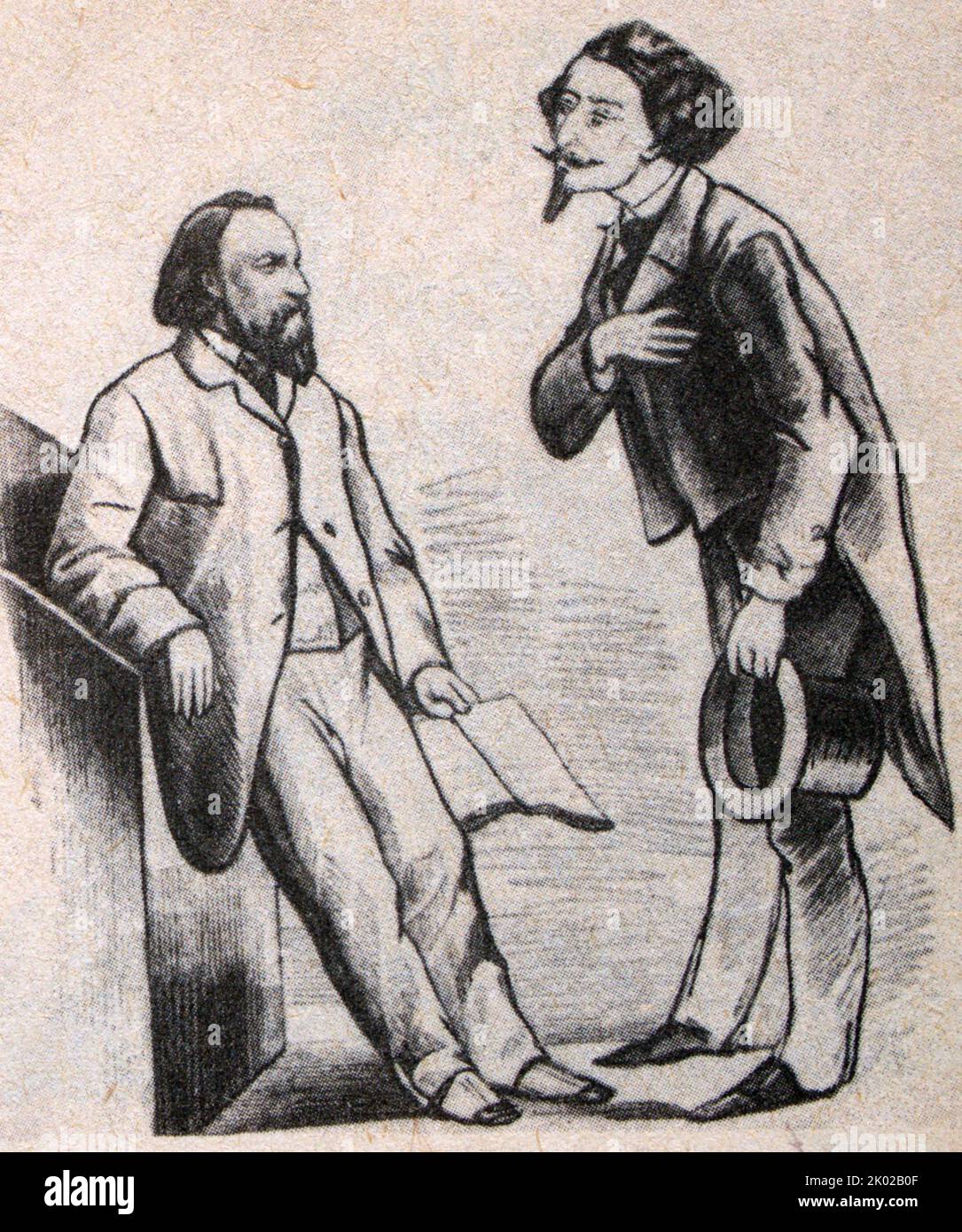 Caricature of the speeches of the Russian anti-democratic press against A.I. Herzen. From the drawing by A. Yushanov. (Under the caricature there is a caption: You are not angry with me, Alexander Ivanovich, I respect you from the bottom of my heart Stock Photo