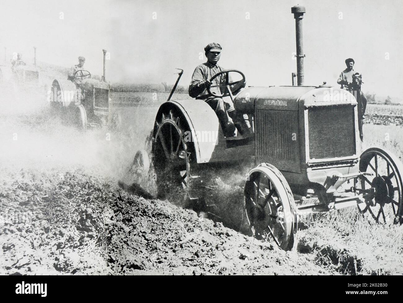 One of the first tractors used on a Soviet collective and state farm. Circa 1930 Stock Photo