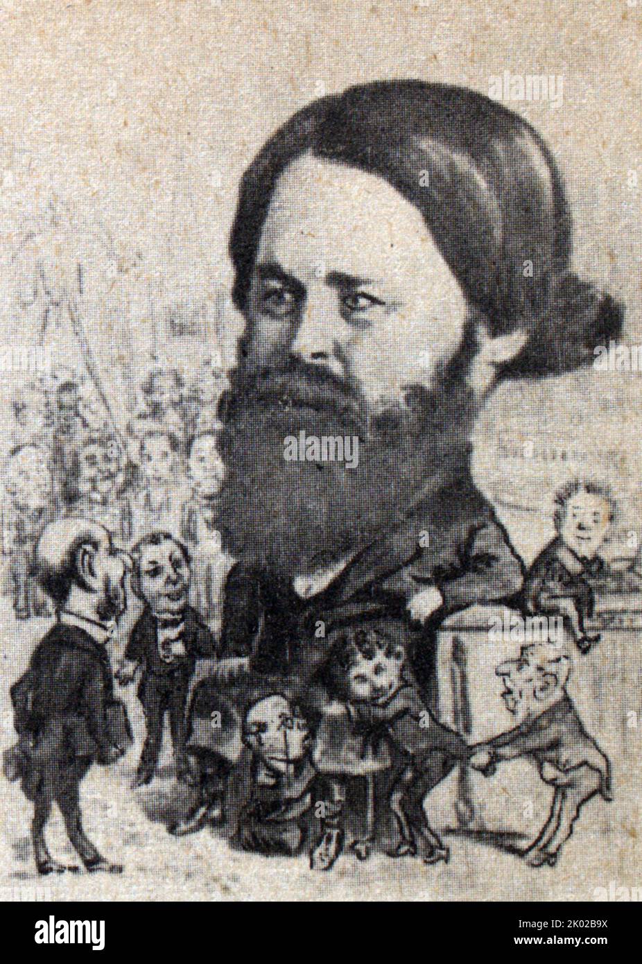 Cartoons of the second half of the 19th century on Russian capitalists: N.I. Putilov, millionaire - founder of a plant in St. Petersburg. Stock Photo