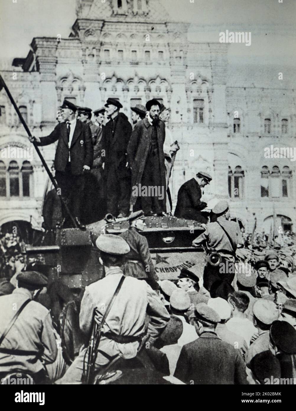 Sverdlov speaks from the Krasnoye Zamoskvorechye armoured car on Red Square. Moscow, May 1, 1918. Photo by A. Dorn. Stock Photo