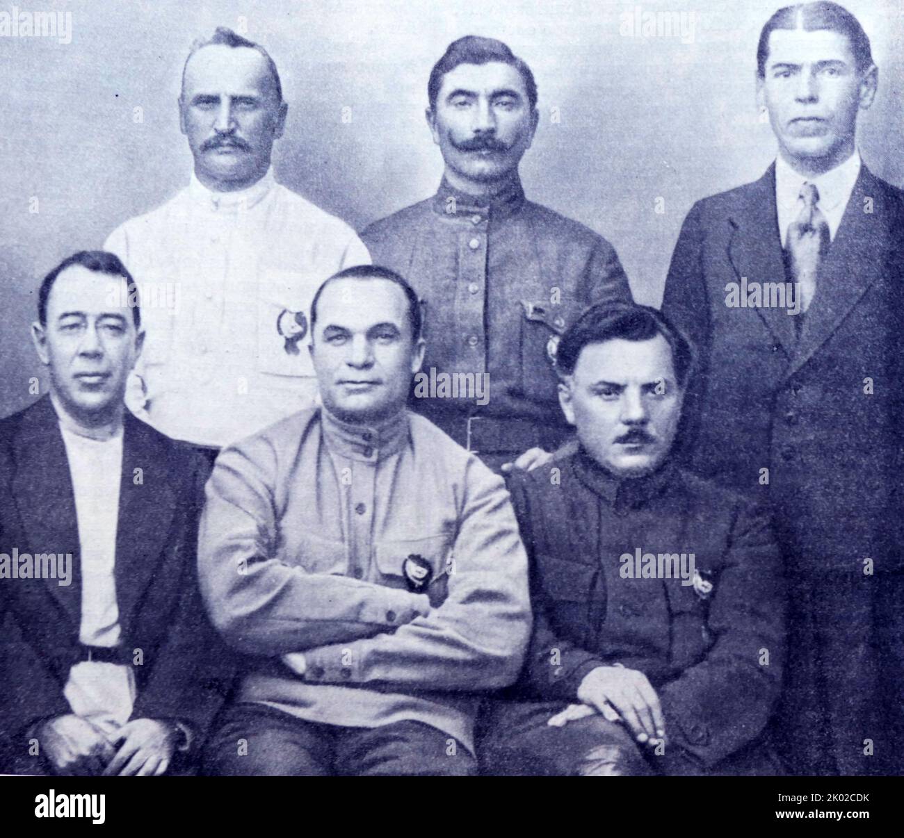 Sitting (from left to right): Member of Republics Revolutionary Military Council - S.I. Gusev; Commander of South-Western front units - A.I. Egorov; Member of Republics Revolutionary Military Council of the 1st cavalry army - K.E. Voroshilov; Standing: Commander of South-Western front office - N.N. Petin; Commander of 1st cavalry army - S.M. Budenny; Field Office Operating section chief of Republics Revolutionary Military Council - B.M. Shaposhnikov. Stock Photo