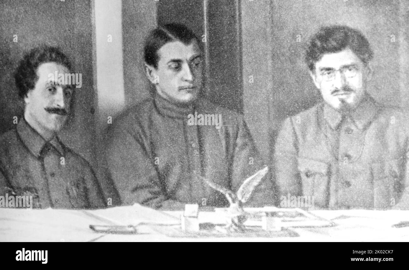 Revolutionary Military Council of the Caucasian Front (left to right): G.K. Ordzhonikidze, M.I. Tukhachevsky, V.A. Trifonov Stock Photo
