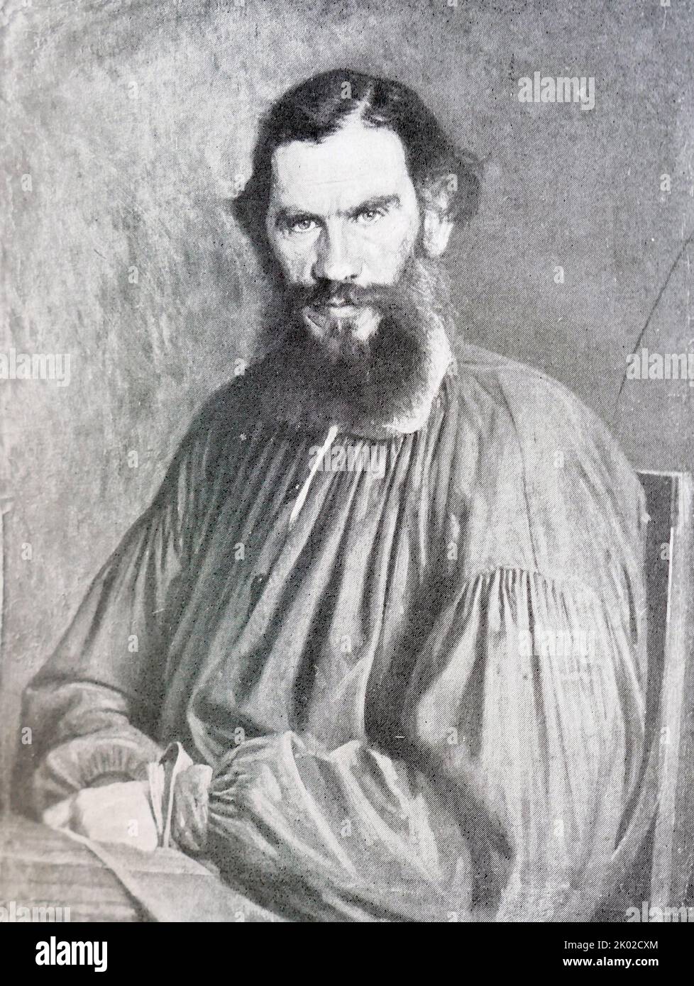 Portrait of Leo Tolstoy by Ivan Kramskoy (1873). Count Lev Nikolayevich Tolstoy (1828 - 1910), referred to in English as Leo Tolstoy, was a Russian writer who is regarded as one of the greatest authors of all time Stock Photo