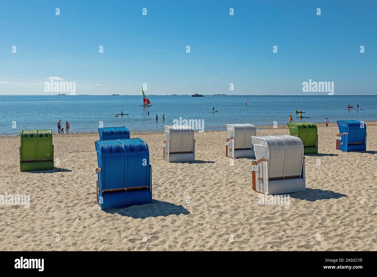 sailing boat, beach, beach chairs, Wyk, Föhr Island, North Friesland, Schleswig-Holstein, Germany Stock Photo