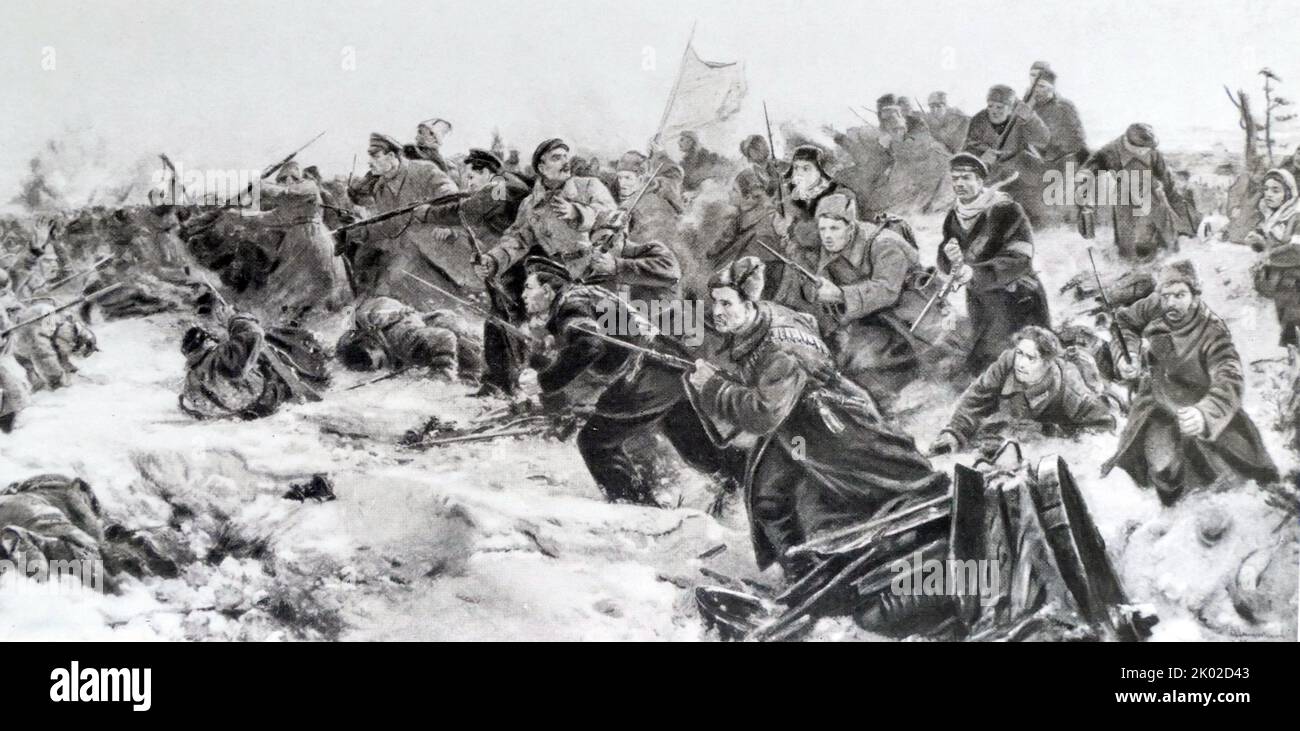 Soviets army counter-attack at Pskov, February 1918. (Painting by Dmitrievskiy, V. Evstigneev, Prokopinskiy).&#13;&#10; Stock Photo