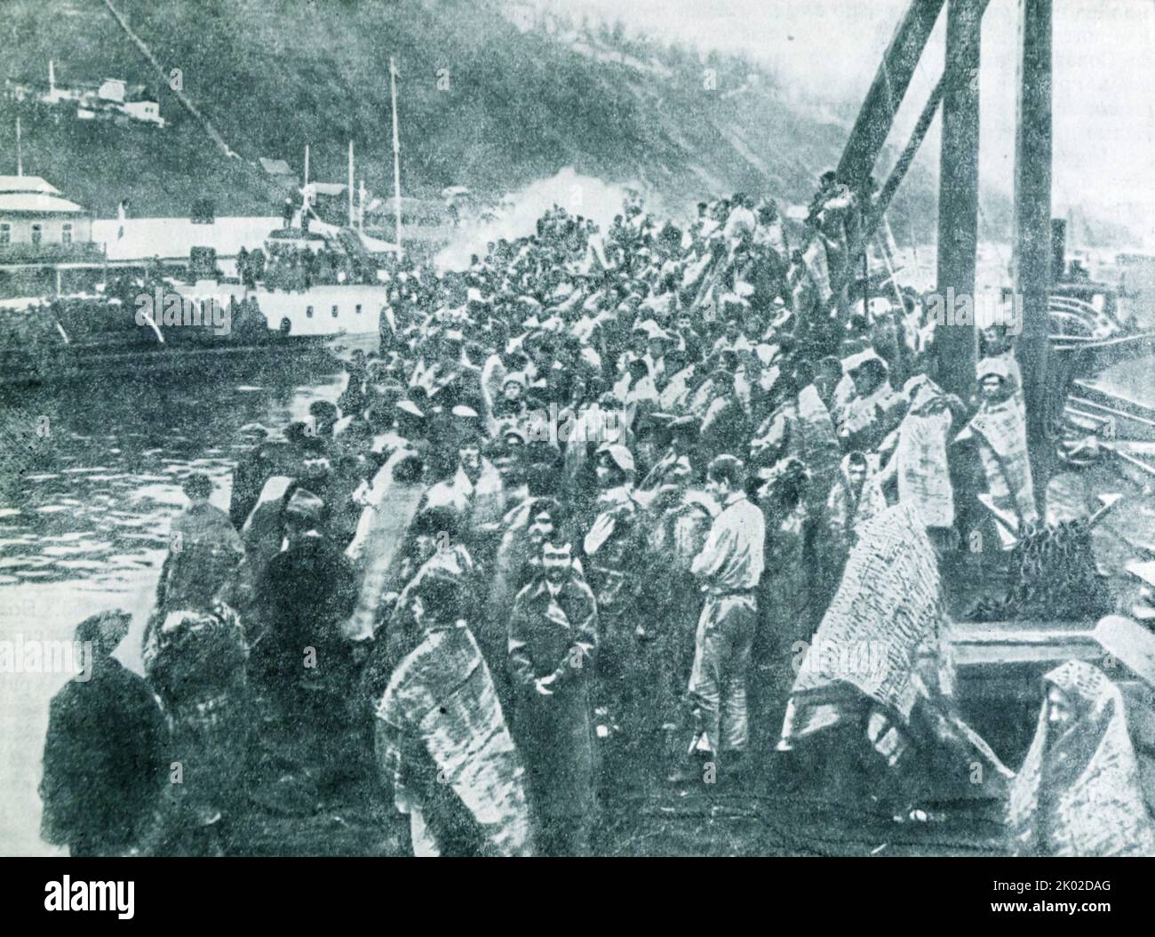 Barge with Soviet citizens freed from the White Guard captivity by sailors of the Volga military flotilla. October, 1918. &#13;&#10; Stock Photo