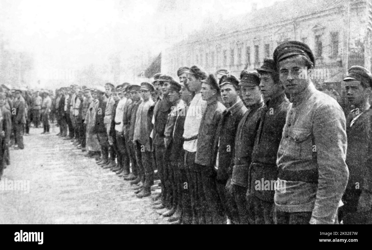 A detachment of Tula Communist workers before being sent to the Southern Front. 1919. Stock Photo