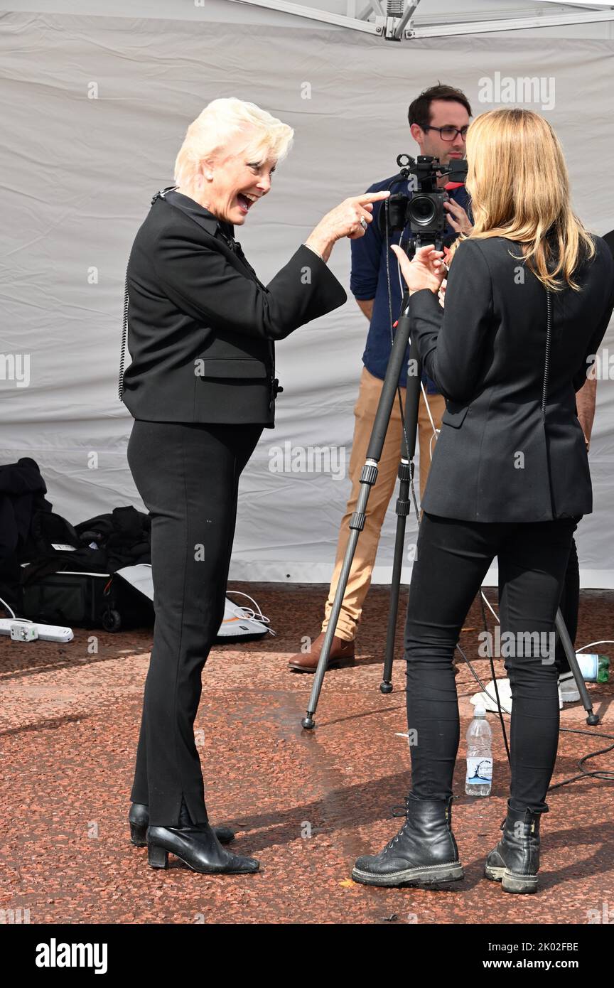London, UK. Sept 9th 2022:  Angela Rippon was interviewed in the media section opposite Buckingham Palace on the day following the announcement of the death of Queen Elizabeth II. Credit: michael melia/Alamy Live News Stock Photo