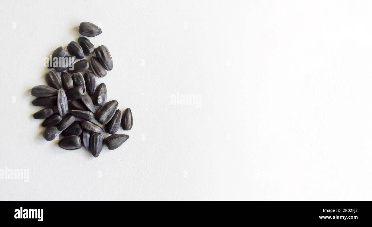 Bunch of isolated black sunflower seeds on a white background. Copy space Stock Photo