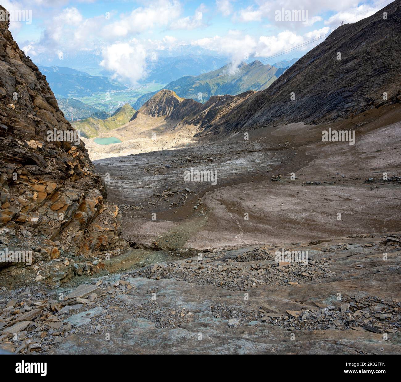 iceless once glaciated areas on the mountain Kitzsteinhorn with view onto the Zeller basin in the region Pinzgau of Salzburg at summer, Austria Stock Photo