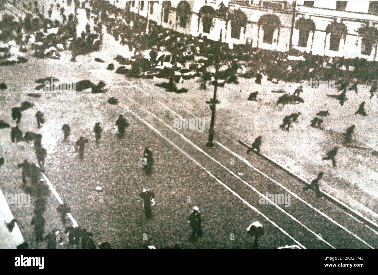 The shooting of a peaceful demonstration in Petrograd on July 4, 1917. The July days changed the situation in the country. Now, with the transfer of all power into the hands of the counter-revolution, the working class could take power only through armed insurrection. Stock Photo
