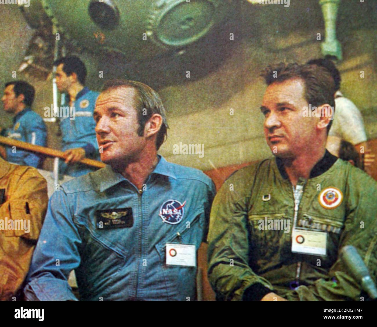 Apollo-Soyuz, first international space mission crew: Vance DeVoe Brend and Valeri Kubasov (USSR). Stock Photo
