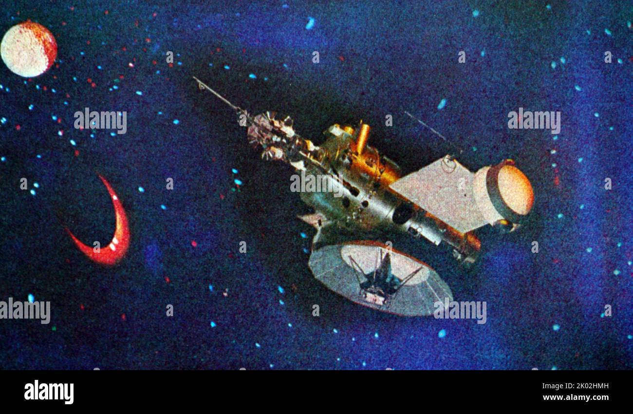 Automatic interplanetary station. Soviet artist impression 1980 Stock Photo