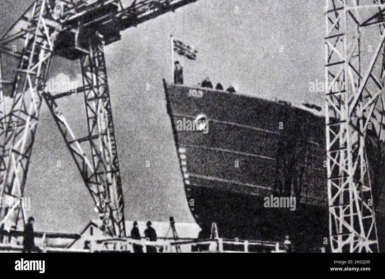 Launching a warship. Canada, 1944 Stock Photo