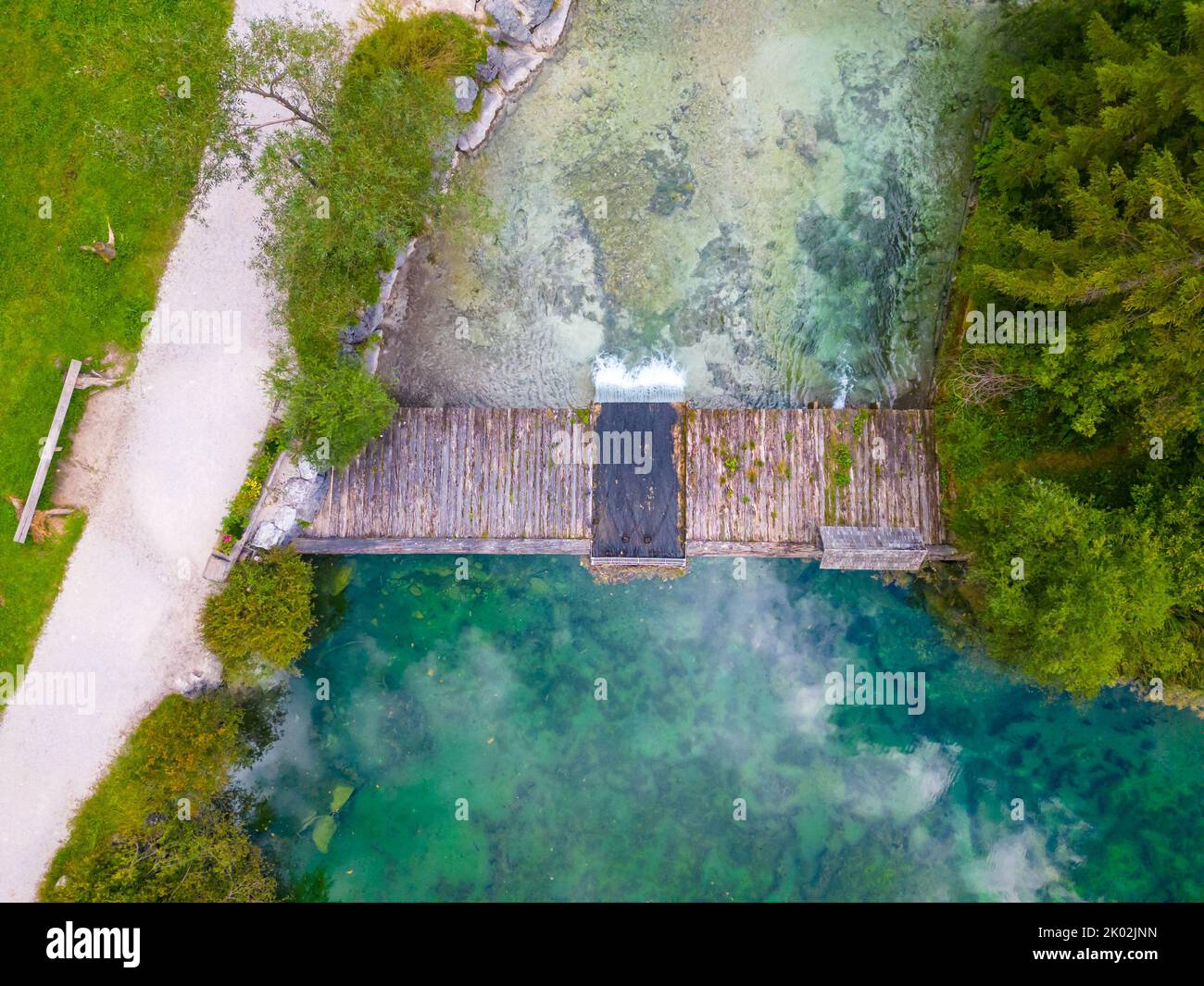 Schiederweiher in Hinterstoder top bottom drone aerial view to small dam and flowing water Stock Photo