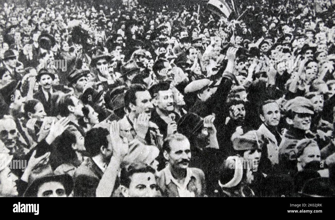 A meeting of workers in the liberated Belgrade, Yugoslavia. October 1944 Stock Photo